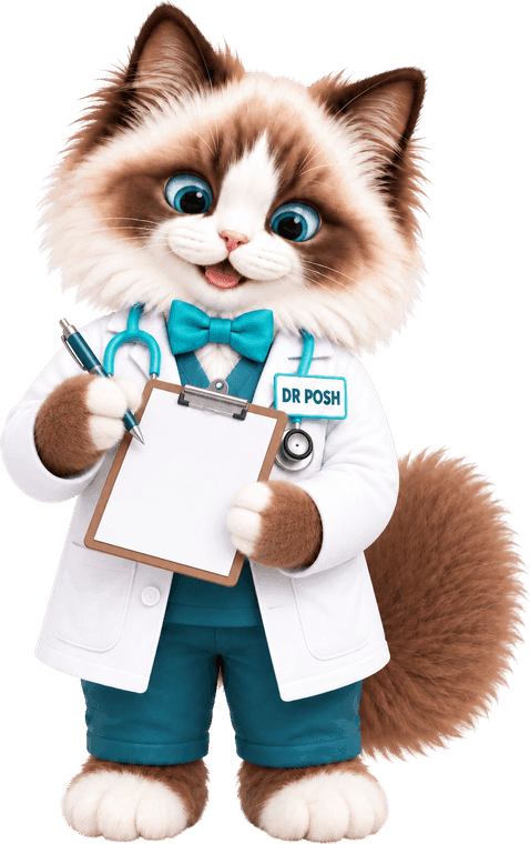 Dr. Posh, the Paws Totties mascot, holding a clipboard